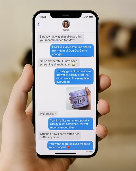 A vertical ad creative that mimics a peer-to-peer text message conversation between two friends discussing dog allergy chews.